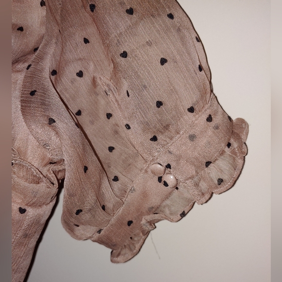 Heart print babydoll cottagecore tan dress, keyhole, tie & buttons at bust, sm. - Picture 8 of 8